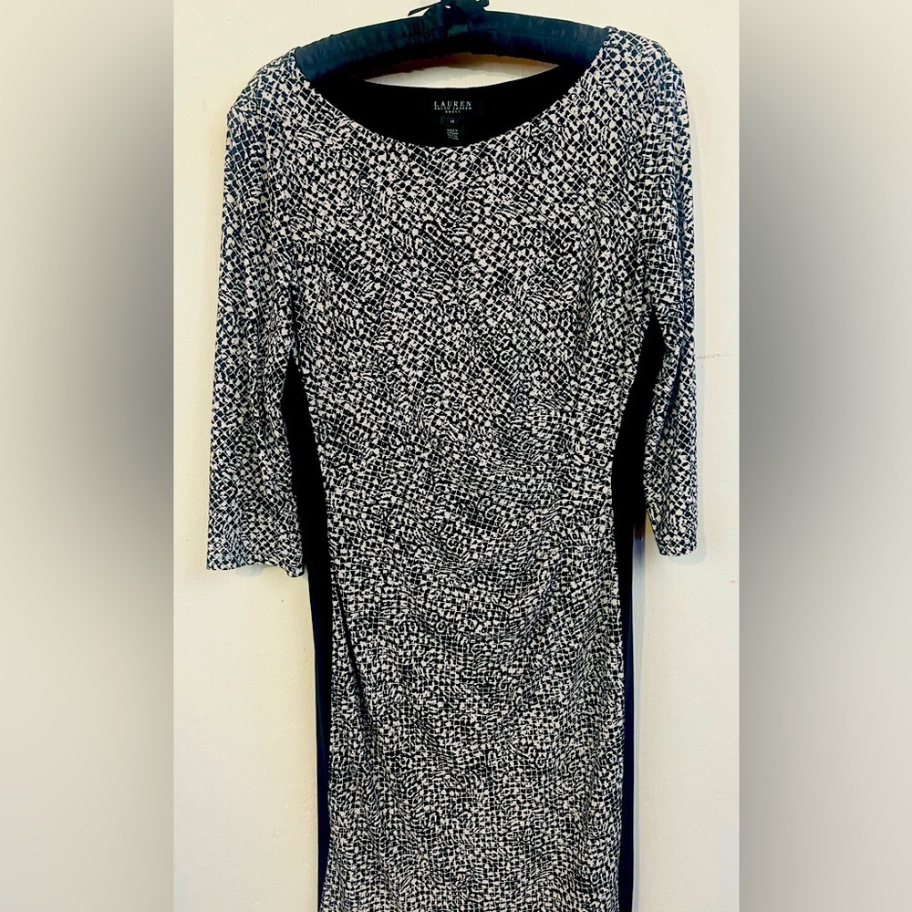 Lauren Ralph Lauren Black White Long Sleeve Side Ruched Dress Womens 14